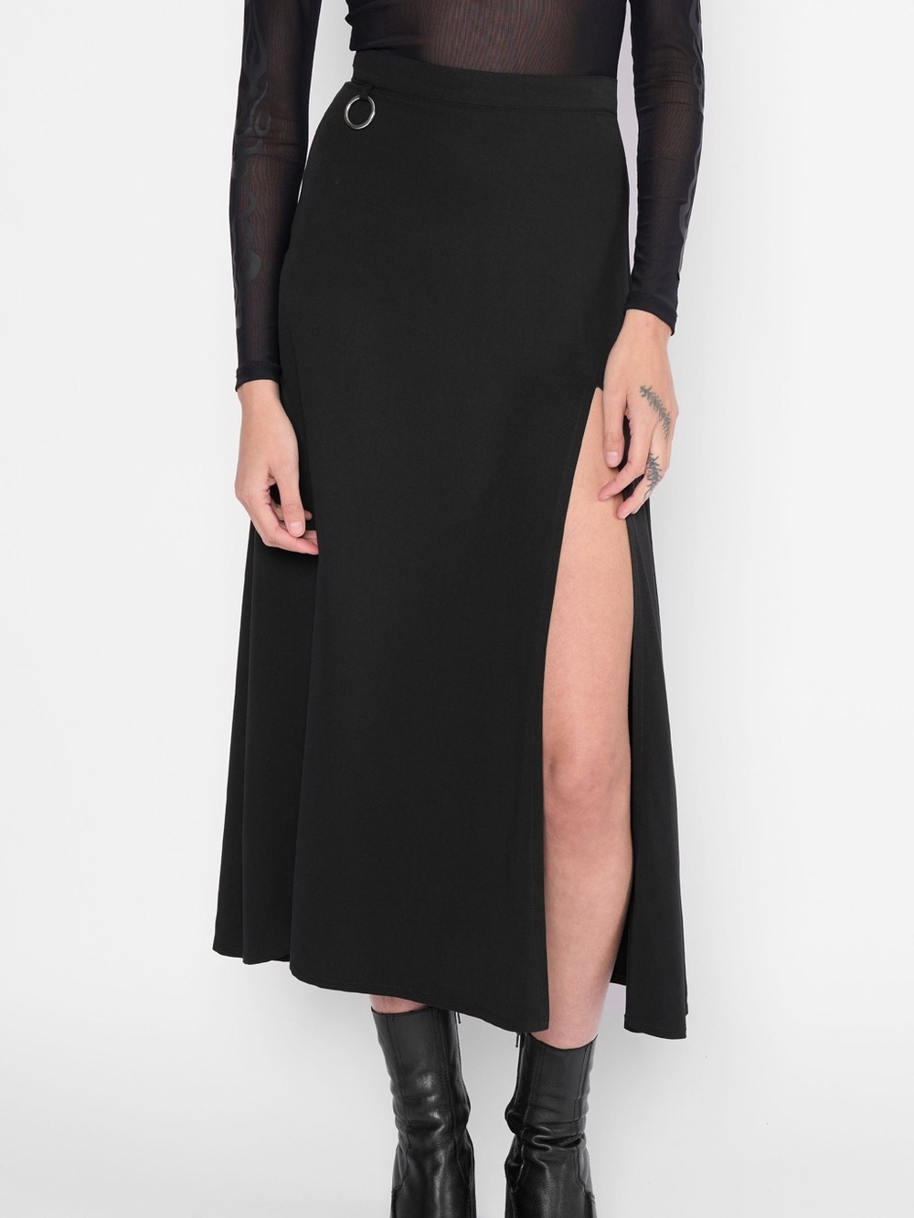 Mary Wyatt London o-ring Sofia Black Split Midi Skirt UK 12